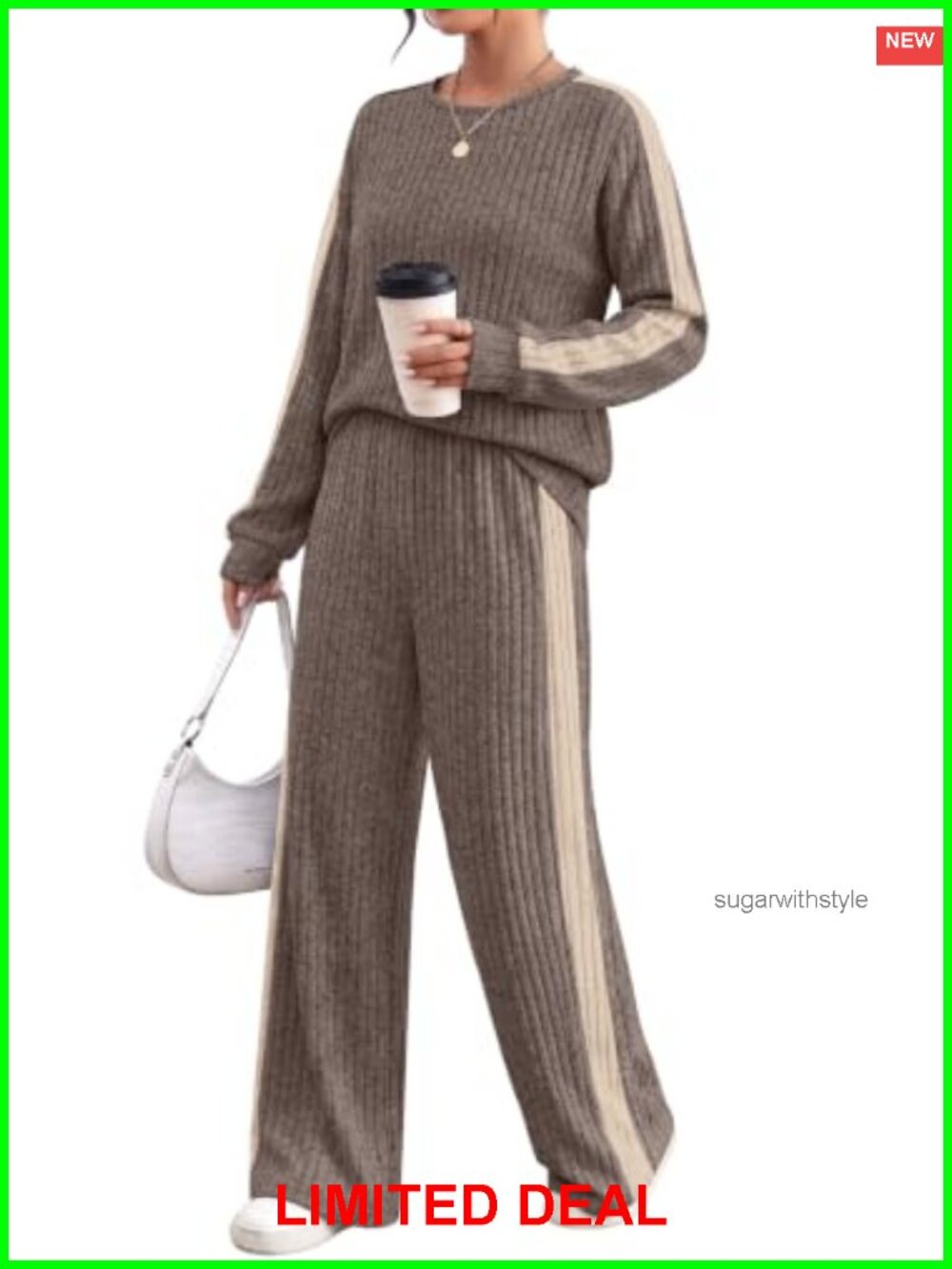 Women's 2 Piece Lounge Set Ribbed Knit Long Sleeve Wide Leg Pants